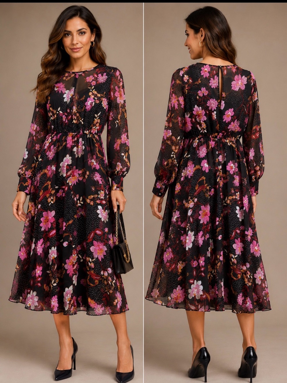Bandolino Black and Pink Floral Long Sleeve Dress